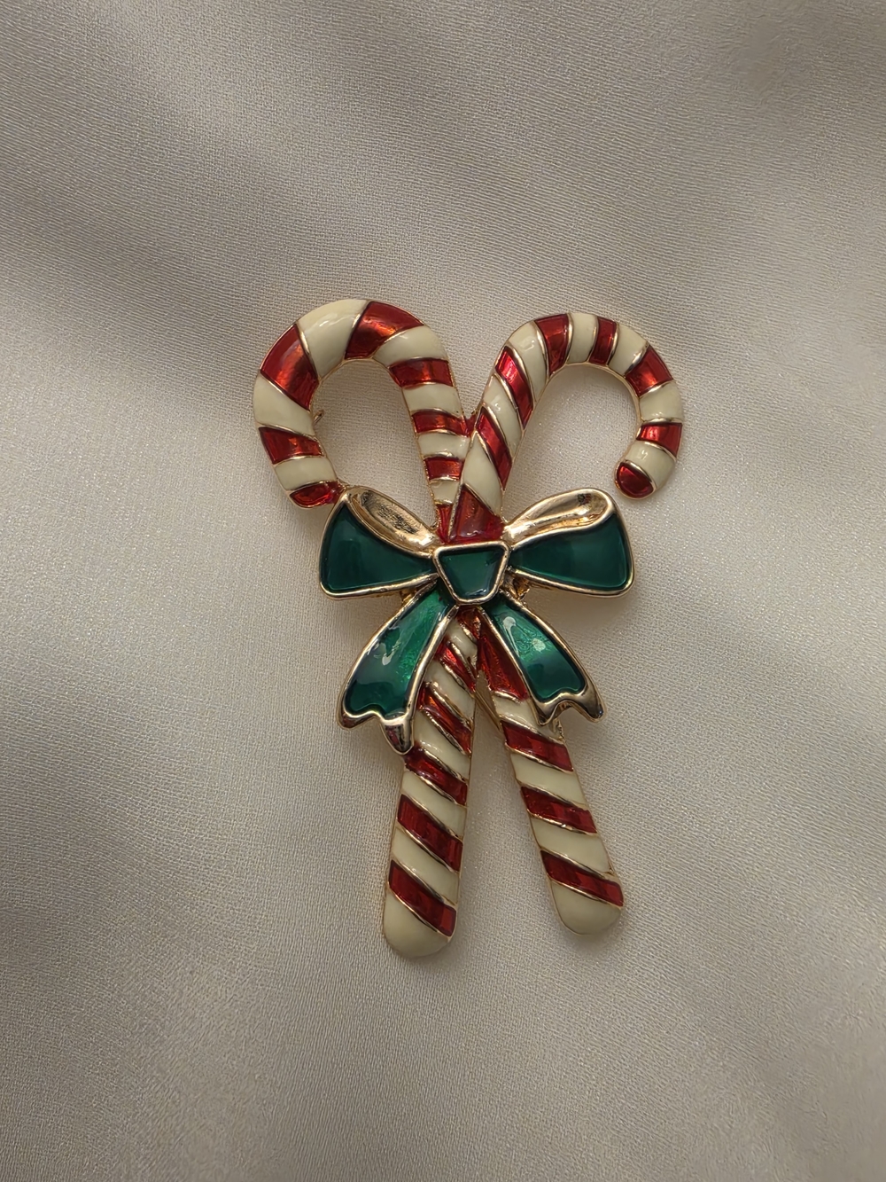 Festive Red, White & Green Enamel Double Candy Cane Christmas Brooch W/ Bow
